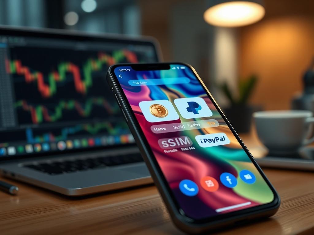 A close-up shot of a smartphone displaying a vibrant cryptocurrency trading app interface, with eSIM and PayPal logos subtly integrated into the design. The background should be a sleek, modern desk setup with a laptop and some financial charts, creating an inviting and tech-savvy environment. The image should have a hyper-realistic style, shot with a 45mm f/1.2 lens, focusing on the smartphone and its captivating display.