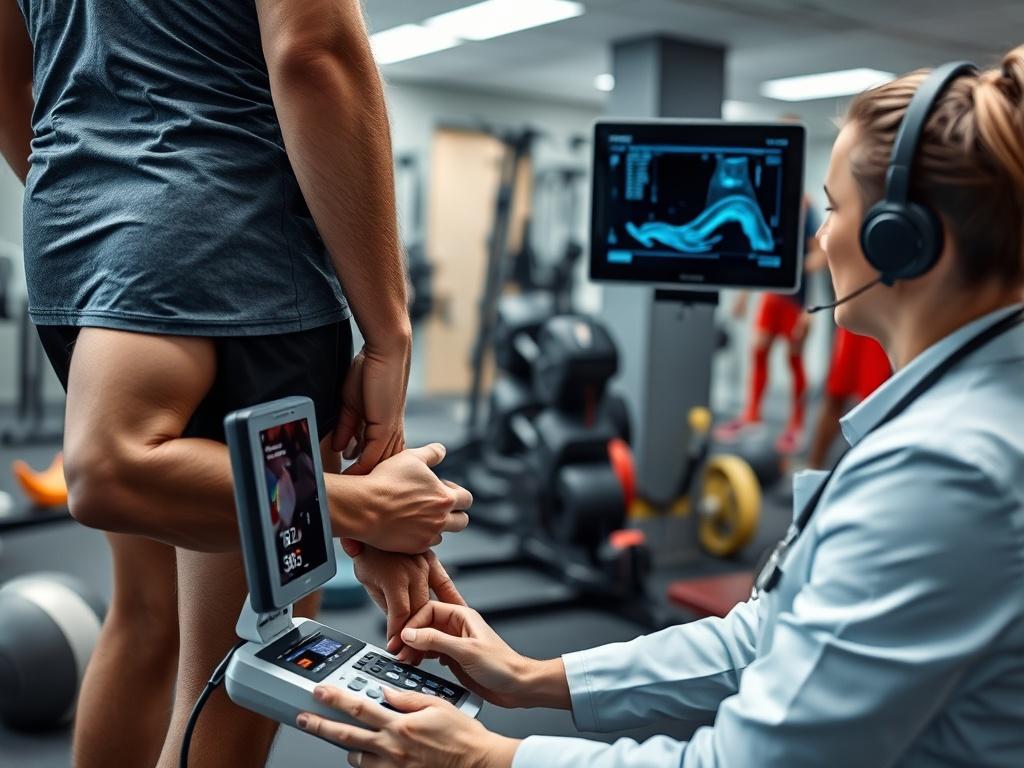 A high-resolution image capturing an athlete receiving treatment for a sports injury. The image shows a healthcare professional using ultrasound equipment to assess the athlete's knee. The background is a modern clinic, filled with athletic equipment, emphasizing a dynamic and supportive environment.