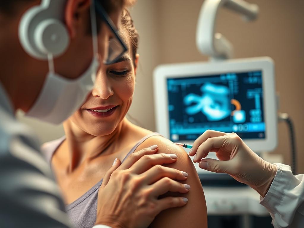 A close-up shot of a patient receiving an ultrasound-guided injection in a clinical setting. The healthcare provider is focusing on the patient's shoulder area with ultrasound equipment visible in the background. The environment is clean and professional, with warm lighting highlighting the patient’s expression of calmness and trust.