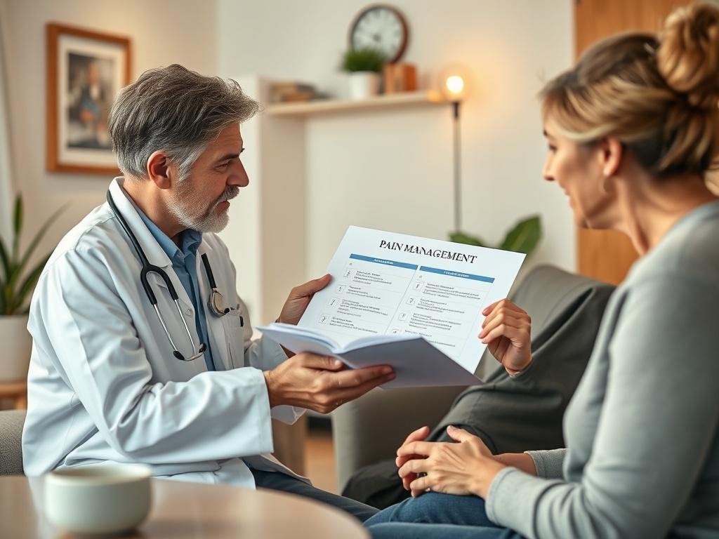 A serene image of a patient discussing pain management options with a healthcare provider in a cozy clinic office. The healthcare provider is using a chart to explain treatment options, while the patient appears engaged and hopeful. Soft lighting and comfortable furnishings create a welcoming atmosphere.