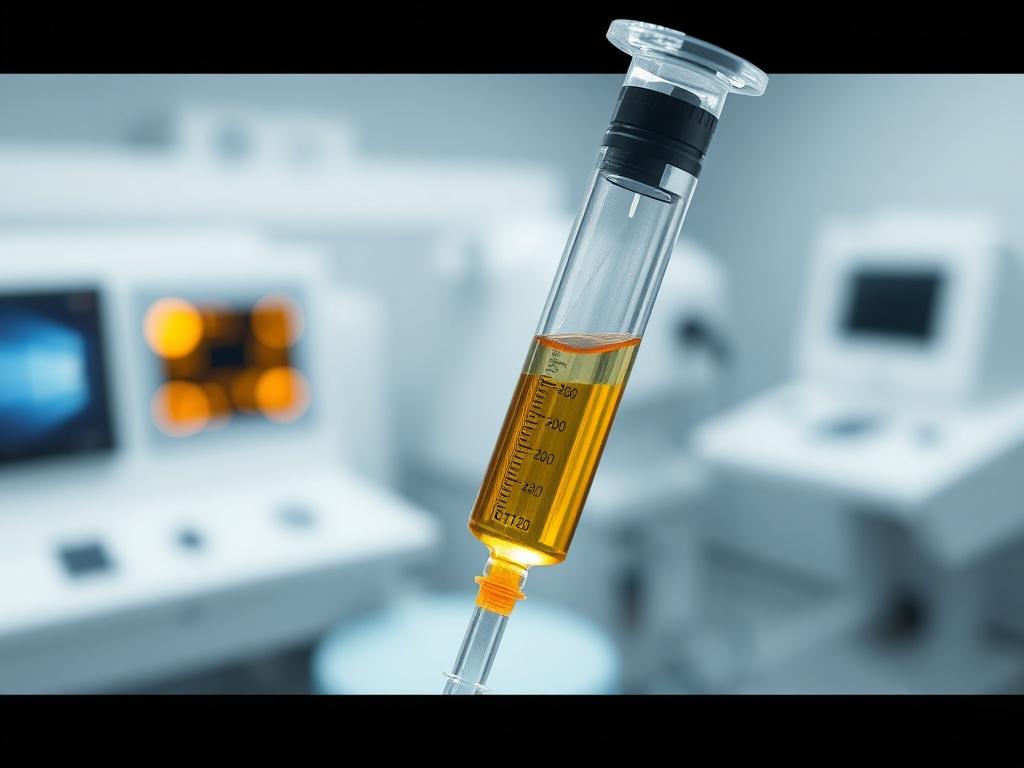 A close-up shot of a PRP injection being prepared in a clinical setting. The focus is on the syringe filled with a golden substance, indicating the concentrated platelets. The background is slightly blurred, highlighting the professionalism and advanced technology of the clinic. The atmosphere is clean and sterile, showcasing the precision involved in the treatment.