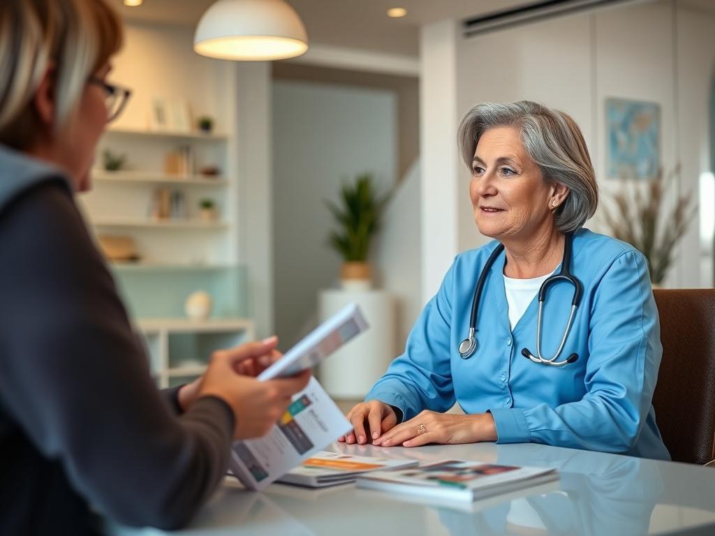 A healthcare professional discussing treatment options with a patient in a cozy clinic setting. The patient appears engaged and hopeful, with pamphlets about pain management visible on the table. The background shows a well-lit, modern clinic that reflects a warm and inviting atmosphere, emphasizing the supportive nature of the consultation.