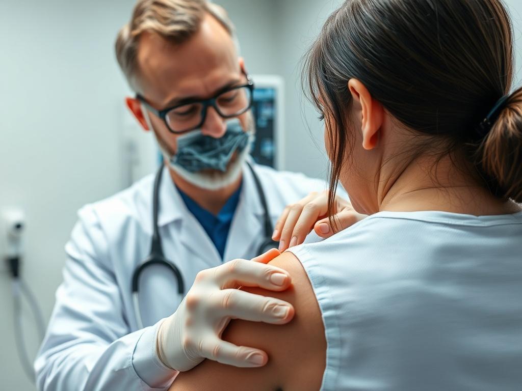 A close-up shot of a healthcare professional performing ultrasound-guided treatment on a patient's shoulder. The professional is focused and attentive, with ultrasound equipment visible in the background. The setting is a clean and modern clinic, emphasizing professionalism and care. The colors should be bright and inviting, with a focus on the patient's comfort and the advanced technology used in the treatment.