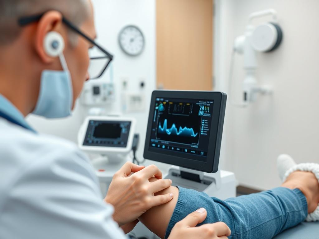 A close-up shot of a healthcare professional using ultrasound technology on a patient's knee, showcasing a focused and serene atmosphere in a modern clinic setting. The background is softly blurred to emphasize the interaction and the advanced medical equipment. The color scheme reflects the primary color rgb(18, 106, 156), with a bright and clean environment.