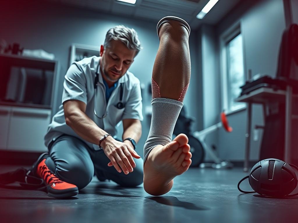 A dynamic image of a sports medicine practitioner assessing an athlete's ankle in a clinical setting, with sports equipment subtly placed in the background. The atmosphere is energizing and focused, highlighting the dedication to athletic health. The color scheme incorporates rgb(18, 106, 156), enhancing the professional appearance of the clinic.