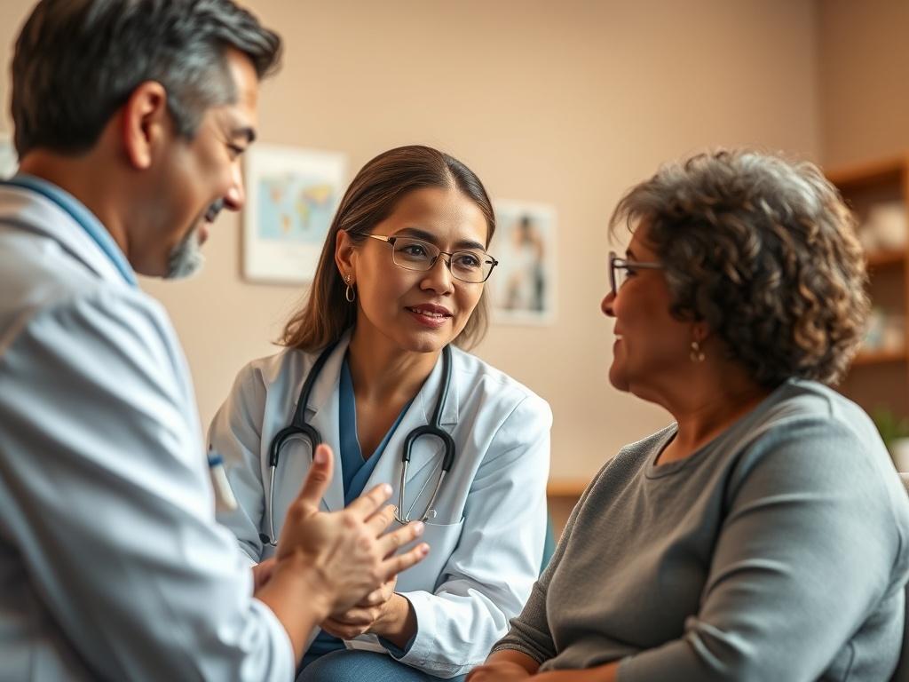 A compassionate healthcare professional discussing chronic pain management with a patient, set in a warmly lit clinic room. The focus is on the interaction, showcasing empathy and understanding. The background is calming and professional, featuring elements that align with the primary color rgb(18, 106, 156), enhancing the overall comforting environment.