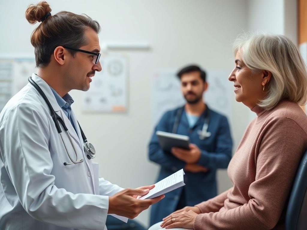 A healthcare professional discussing a treatment plan with a patient in a clinical setting. The image captures both individuals engaged in an informative conversation, with charts or diagrams visible in the background. The focus is on the collaborative nature of the appointment, showcasing the clinic's commitment to patient education and support.