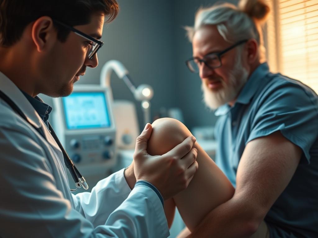 A close-up shot of a healthcare professional examining a patient's knee joint. The setting is a well-lit clinic, with medical equipment subtly placed in the background. The focus is on the interaction between the doctor and the patient, showcasing the care and attention given during the examination. The colors are warm and inviting, emphasizing professionalism and trust.
