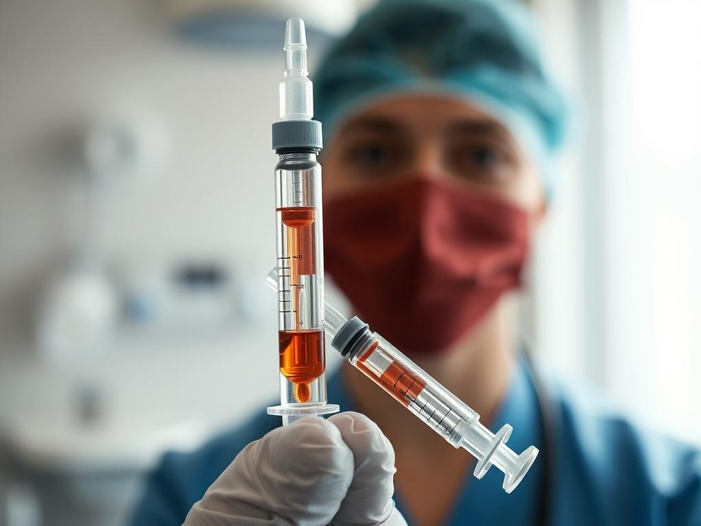 An image showing a close-up of a syringe filled with platelet-rich plasma, held by a healthcare professional, with a blurred background of a treatment room, emphasizing the focus on natural healing.