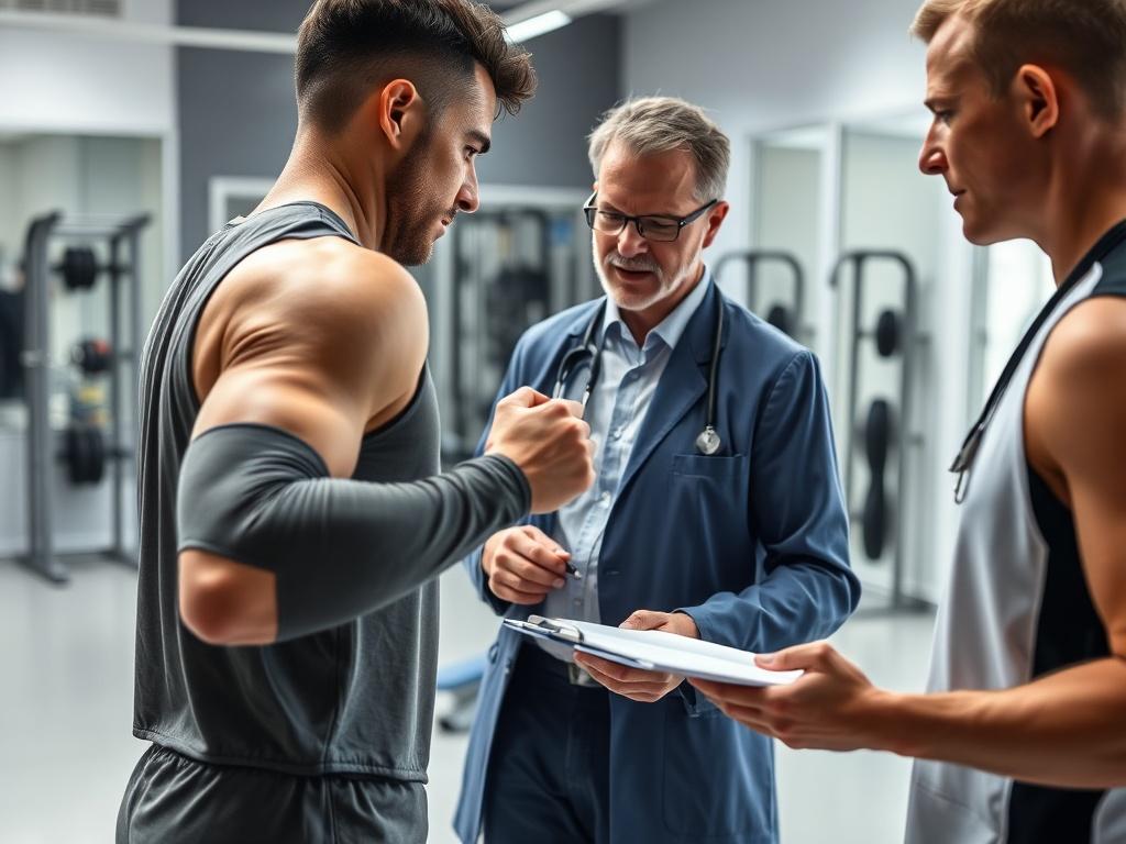 A close-up shot of a sports medicine specialist assessing an athlete's injury during a consultation in a clinic. The athlete is demonstrating a physical movement while the specialist observes intently, taking notes. The background is a clean, modern clinic space with sports equipment subtly visible, conveying a professional atmosphere.