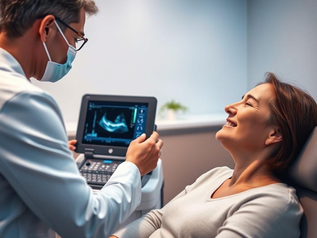 A close-up shot of a healthcare professional demonstrating ultrasound-guided musculoskeletal pain management with a patient in a clinical setting. The professional is using an ultrasound machine, and the patient is comfortably seated, exhibiting a look of relief. The background is softly blurred, showcasing a modern, clean clinic environment with soothing colors.