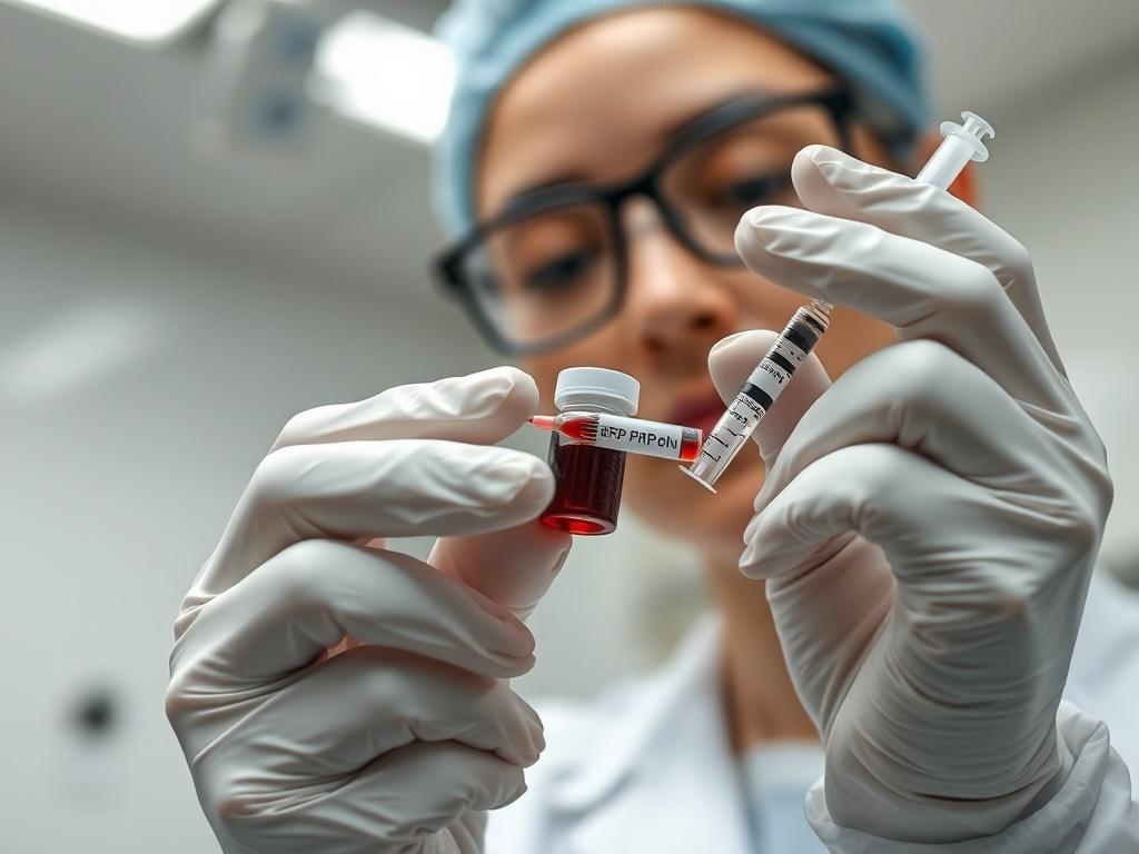 A close-up shot of a medical professional preparing a PRP injection in a clinical setting. The professional is focused, showcasing a vial of blood and a syringe, while the environment is clean and modern, emphasizing precision and care in the procedure.
