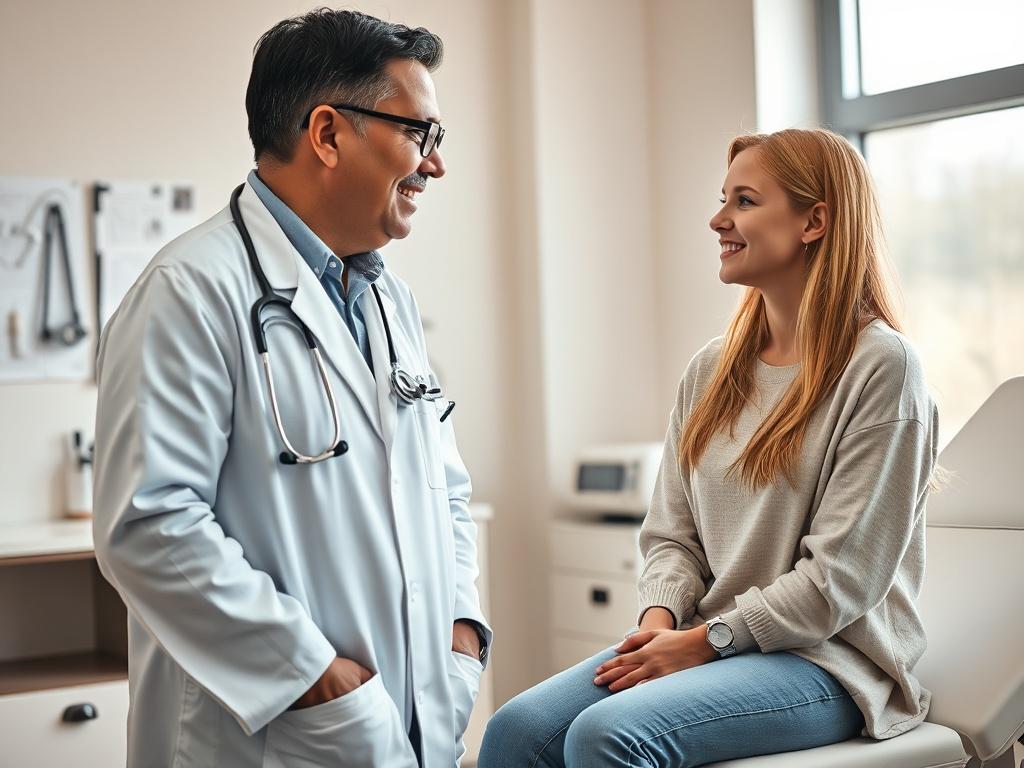 **Prompt for AI Image Generator:**

Create a realistic high-resolution photo featuring a doctor speaking to a patient in a clinical setting. Composition should be simple and clear, with the doctor positioned on the left side of the frame and the patient on the right, engaging in a friendly conversation. The doctor should be a middle-aged, Hispanic male wearing a white lab coat, with a stethoscope around his neck and an approachable smile. The patient, a young Caucasian female, should be sitting on an examin