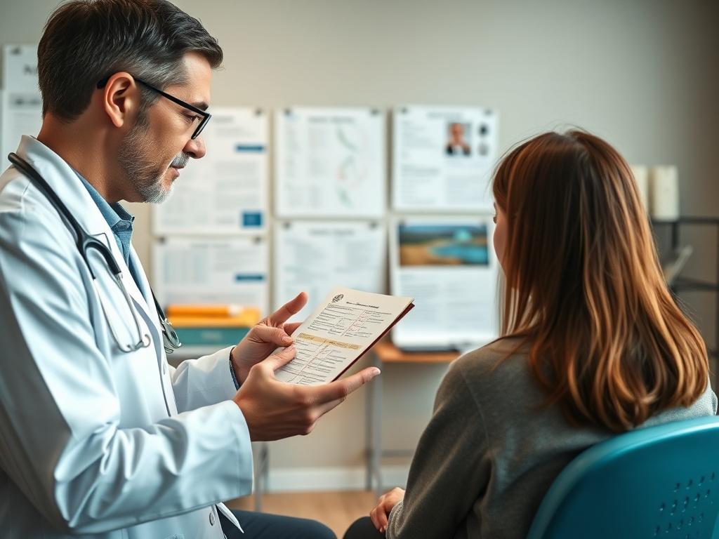 A high-resolution image showing a healthcare professional explaining a chronic pain management plan to a patient in a clinic. The scene captures a warm and inviting atmosphere, with medical charts and educational materials in the background.