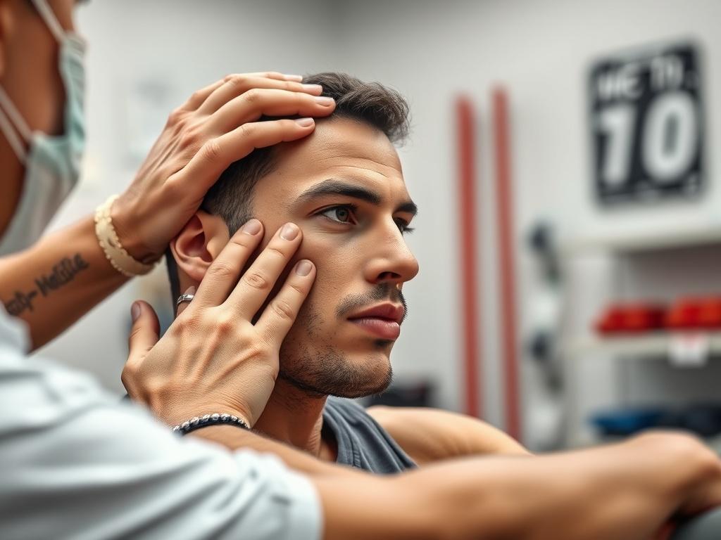 A dynamic image of an athlete receiving treatment from a sports medicine specialist in a clinic. The focus is on the therapist's hands providing care while the athlete looks engaged and focused, conveying a sense of determination and recovery.