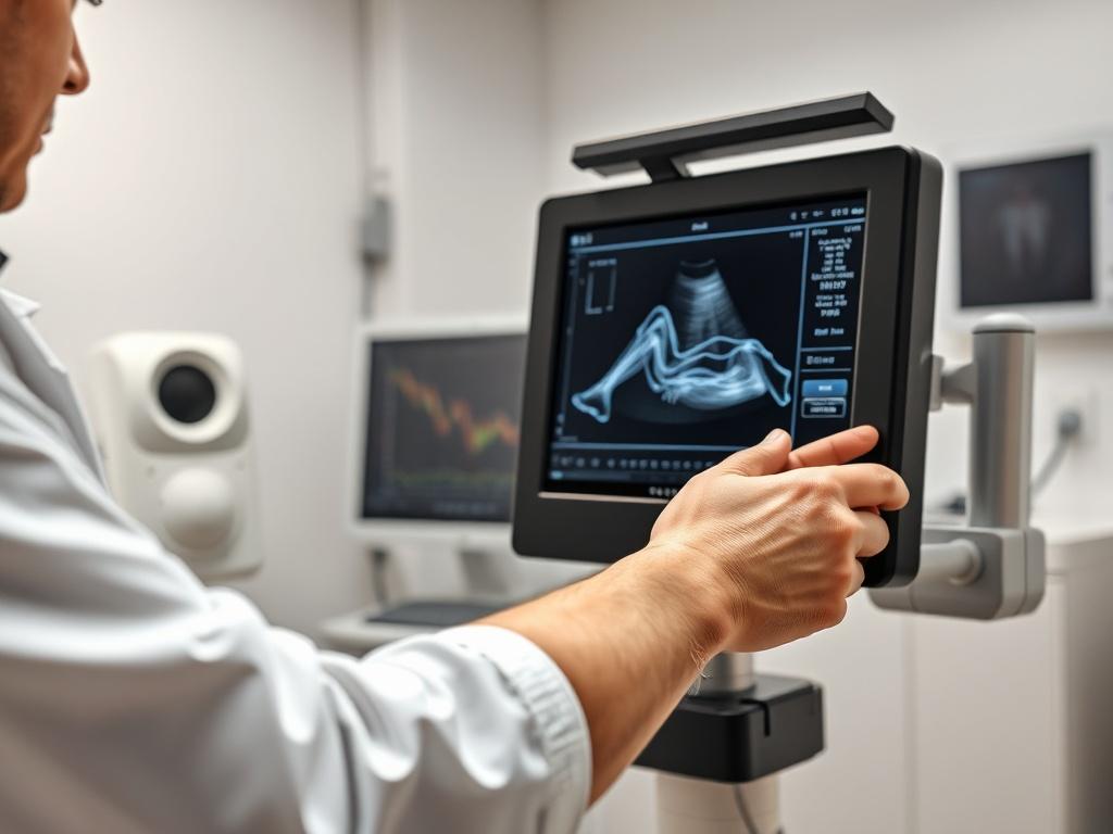 A close-up shot of a healthcare professional performing an ultrasound-guided musculoskeletal treatment on a patient. The setting is a well-lit clinic with a clean, professional background. The focus is on the ultrasound equipment and the patient's arm, showcasing a sense of care and precision.