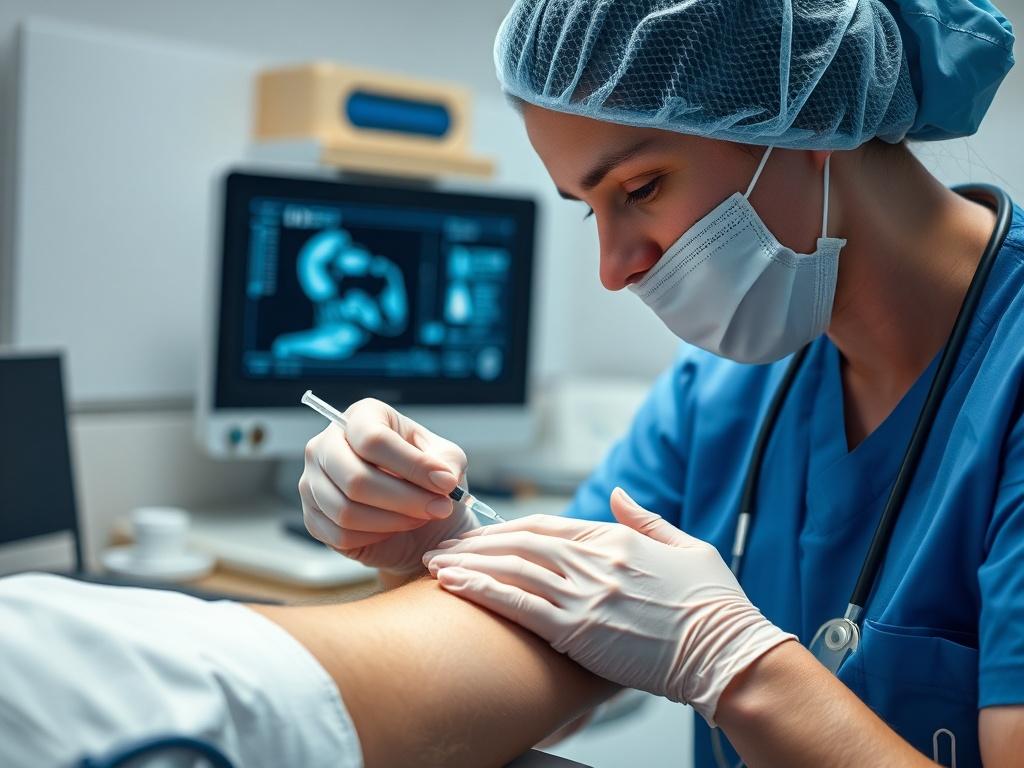 A close-up shot of a healthcare professional performing an ultrasound guided MSK injection on a patient's arm, with a focused and calm expression. The background should be a medical office with soft lighting, creating an atmosphere of care and professionalism.