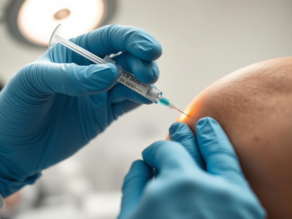 A healthcare professional preparing and administering a PRP injection in a clinical environment, showcasing the procedure's precision and care. The focus should be on the syringe and the patient's treatment area.