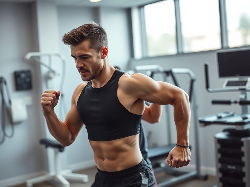 A dynamic image showcasing a physical therapist assisting an athlete with rehabilitation exercises in a modern clinic setting. The focus should be on the athlete in motion, with medical equipment subtly visible in the background. The ambiance should convey energy and determination, capturing the essence of sports medicine.