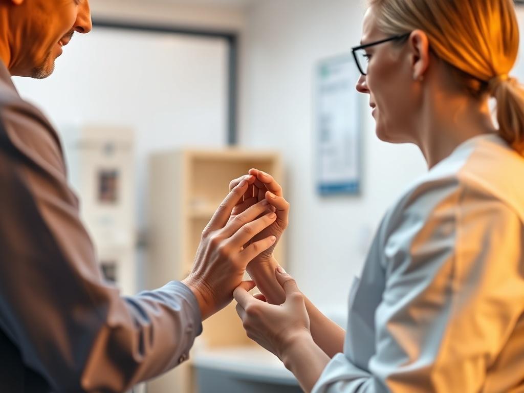A close-up shot of a compassionate healthcare professional examining a patient's musculoskeletal system, with an emphasis on the consultation aspect. The background should be softly blurred to keep the focus on the interaction, showcasing a clean, professional clinic environment. The lighting should be warm and inviting, highlighting the professionalism of the clinic.