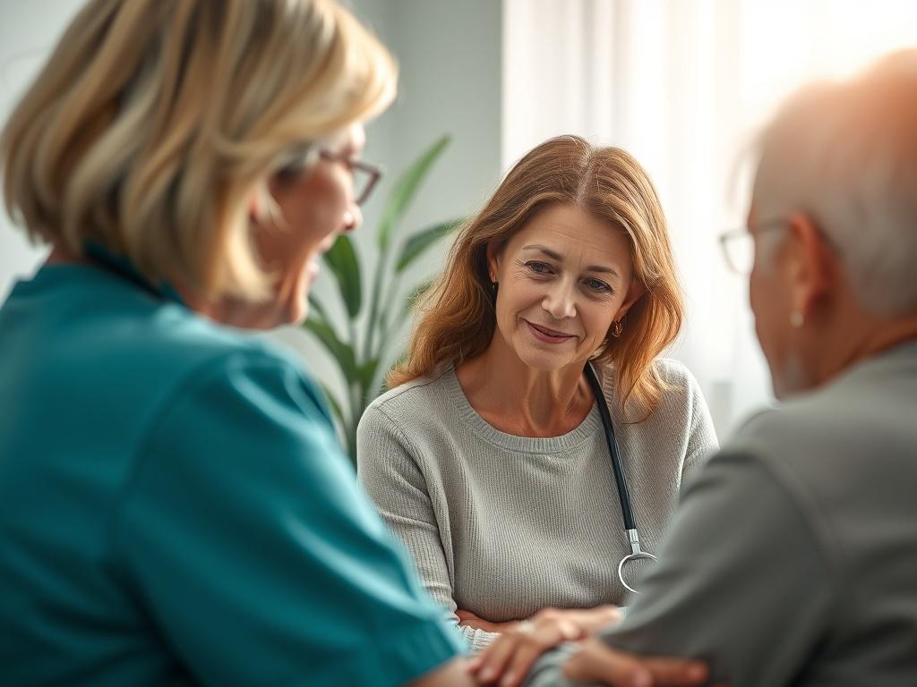 A serene, close-up image of a patient engaged in a pain management consultation with a healthcare professional, emphasizing a supportive and understanding atmosphere. The background should depict a calming clinic environment with natural light streaming in, creating a peaceful and reassuring setting.
