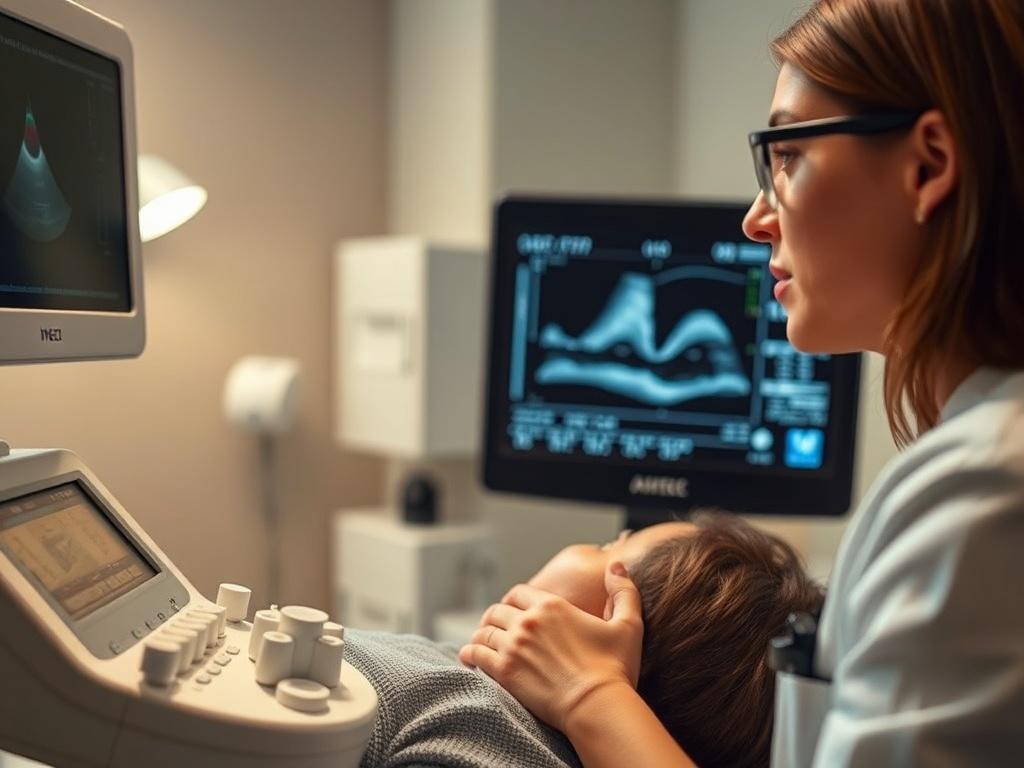 A close-up shot of a patient receiving an ultrasound-guided MSK pain treatment in a clinical setting, showcasing the ultrasound machine and the practitioner's focused demeanor. The background should be softly blurred, emphasizing the interaction between the patient and the practitioner, with warm lighting to create a welcoming atmosphere.