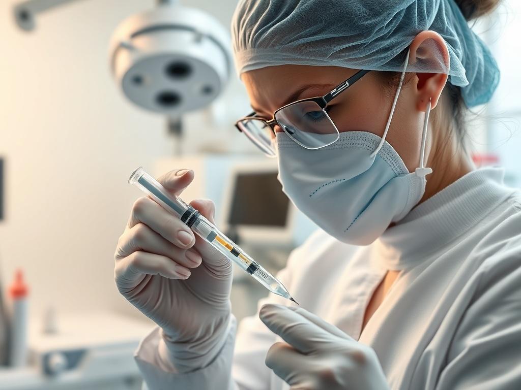 A close-up shot of a healthcare professional preparing PRP injections in a clinical environment, showcasing the PRP preparation process. The background should include medical equipment and a clean, sterile atmosphere, with soft lighting that highlights the professionalism of the clinic.