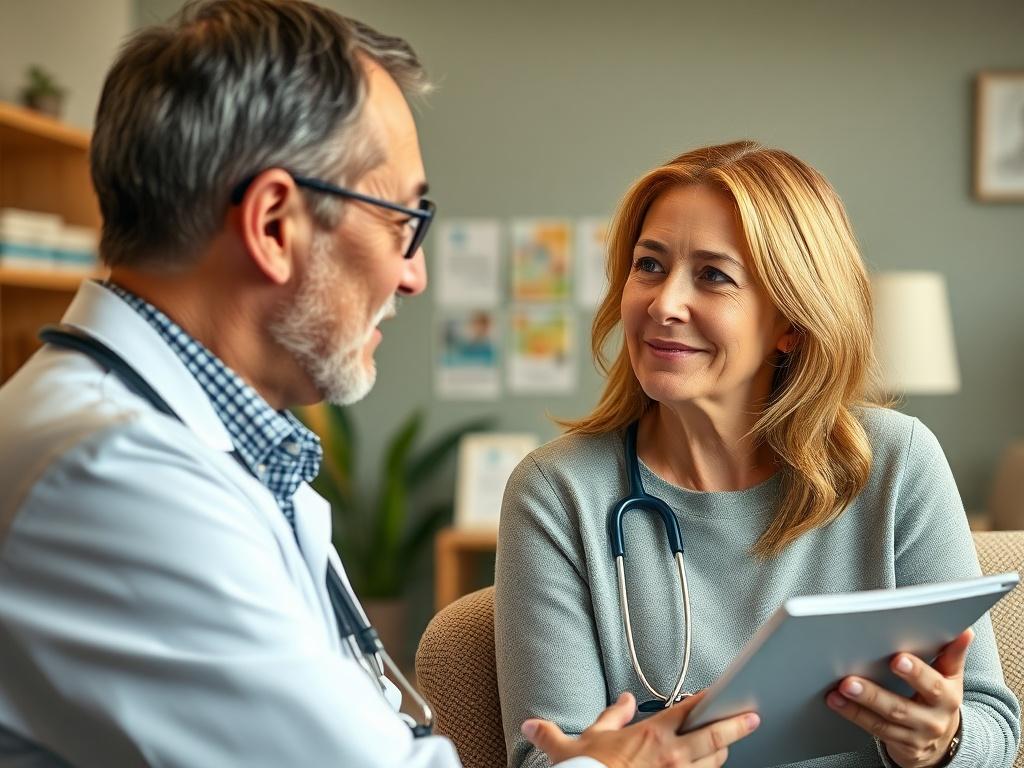 A close-up shot of a patient discussing chronic pain management options with a healthcare professional in an inviting clinic setting. The practitioner is showing empathy and understanding, with supportive materials in the background. The lighting should be warm, creating a comforting environment.
