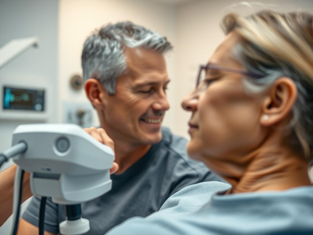 A realistic close-up image of a patient receiving treatment for musculoskeletal pain, with a healthcare professional using an ultrasound device. The background should be a clean, well-lit clinic environment, emphasizing professionalism and patient care. The focus should be on the interaction between the patient and the healthcare provider, showcasing a sense of trust and comfort.
