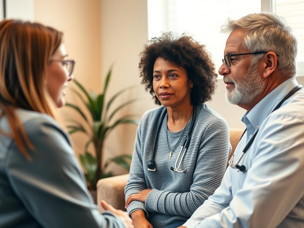 A realistic close-up image of a patient discussing their chronic pain concerns with a healthcare professional in a comfortable clinic setting. The background should convey a warm and supportive atmosphere, showcasing the clinic's commitment to patient-centered care. The focus should be on the interaction and connection between the patient and the clinician.