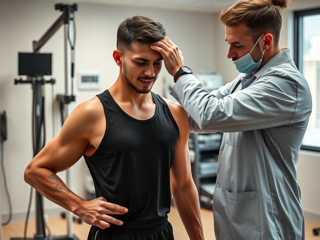 A realistic close-up shot of an athlete undergoing a sports medicine evaluation, with a clinician examining their movement and flexibility. The clinic setting should be bright and inviting, showcasing equipment relevant to sports medicine. The focus should be on the athlete's determination and the clinician's attentive guidance.
