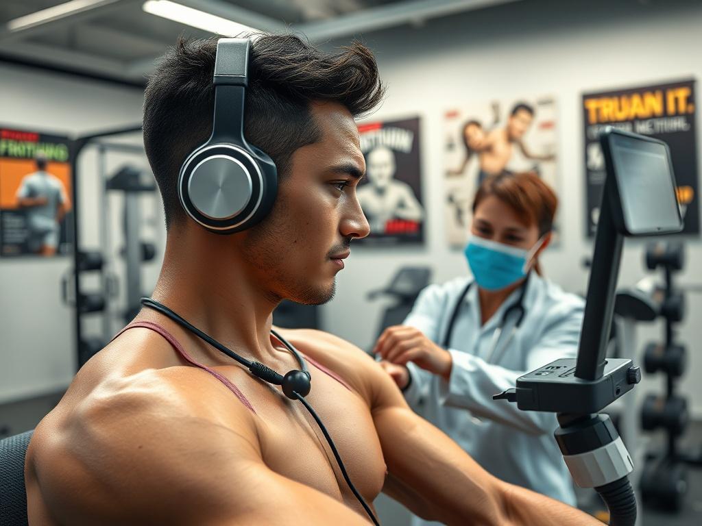 A high-resolution image of an athletic person receiving rehabilitation treatment in a modern clinic. The clinician is using advanced equipment to assess the athlete's performance. The background features fitness equipment and motivational posters, creating an energetic atmosphere.