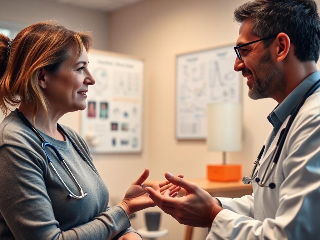 A close-up shot of a healthcare professional discussing pain management options with a patient. The setting is a warm and inviting clinic with soft lighting and medical charts in the background. The focus is on the interaction between the doctor and patient, conveying a sense of trust and professionalism.