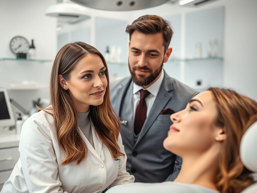 A close-up of a patient consulting with a cosmetic professional in a sleek clinic environment. The background should showcase a clean, modern aesthetic with tools and products neatly arranged. The focus is on the professional's attentive demeanor and the patient's engaged expression.