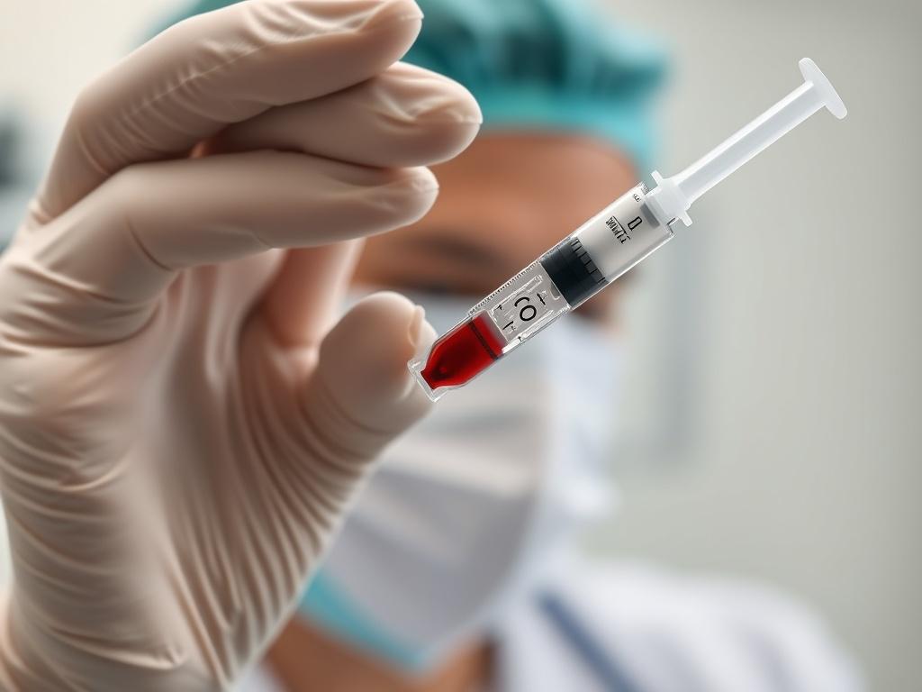 An image depicting a close-up of a healthcare professional preparing a PRP injection, with a focus on the syringe and the platelet-rich plasma inside. The background should be a clean clinical environment.