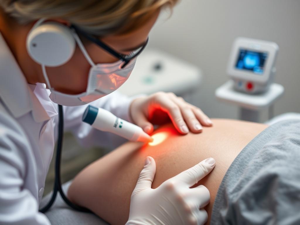 A close-up shot of a clinician performing an ultrasound-guided treatment on a patient's musculoskeletal area, showcasing the precision and care involved in the process. The background should be softly blurred to focus on the clinician and patient interaction.