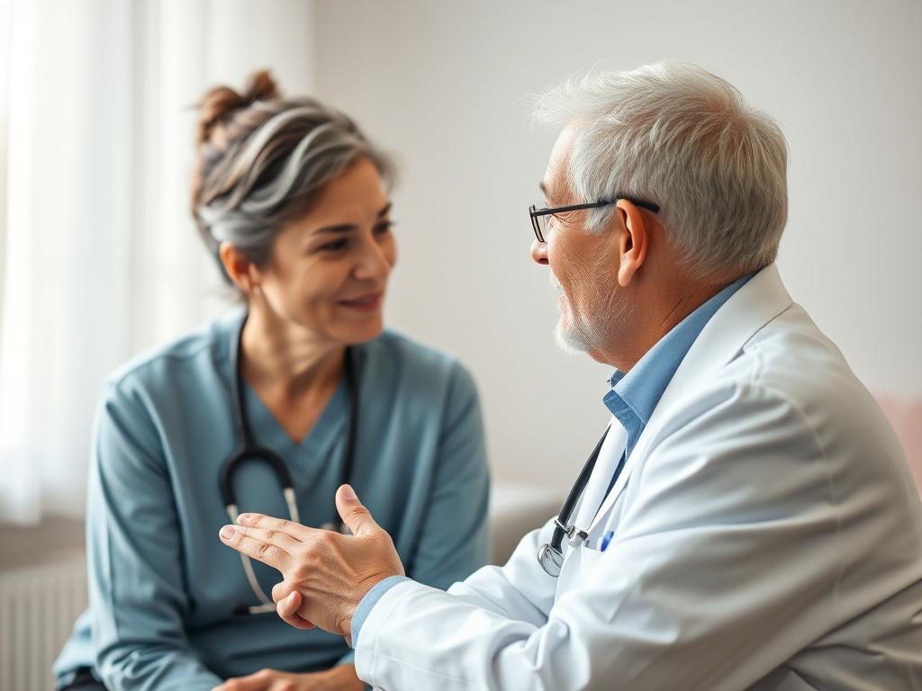 A serene setting showing a patient engaged in a consultation with a healthcare professional, discussing chronic pain management strategies. The focus is on the supportive interaction, with calming colors in the background.