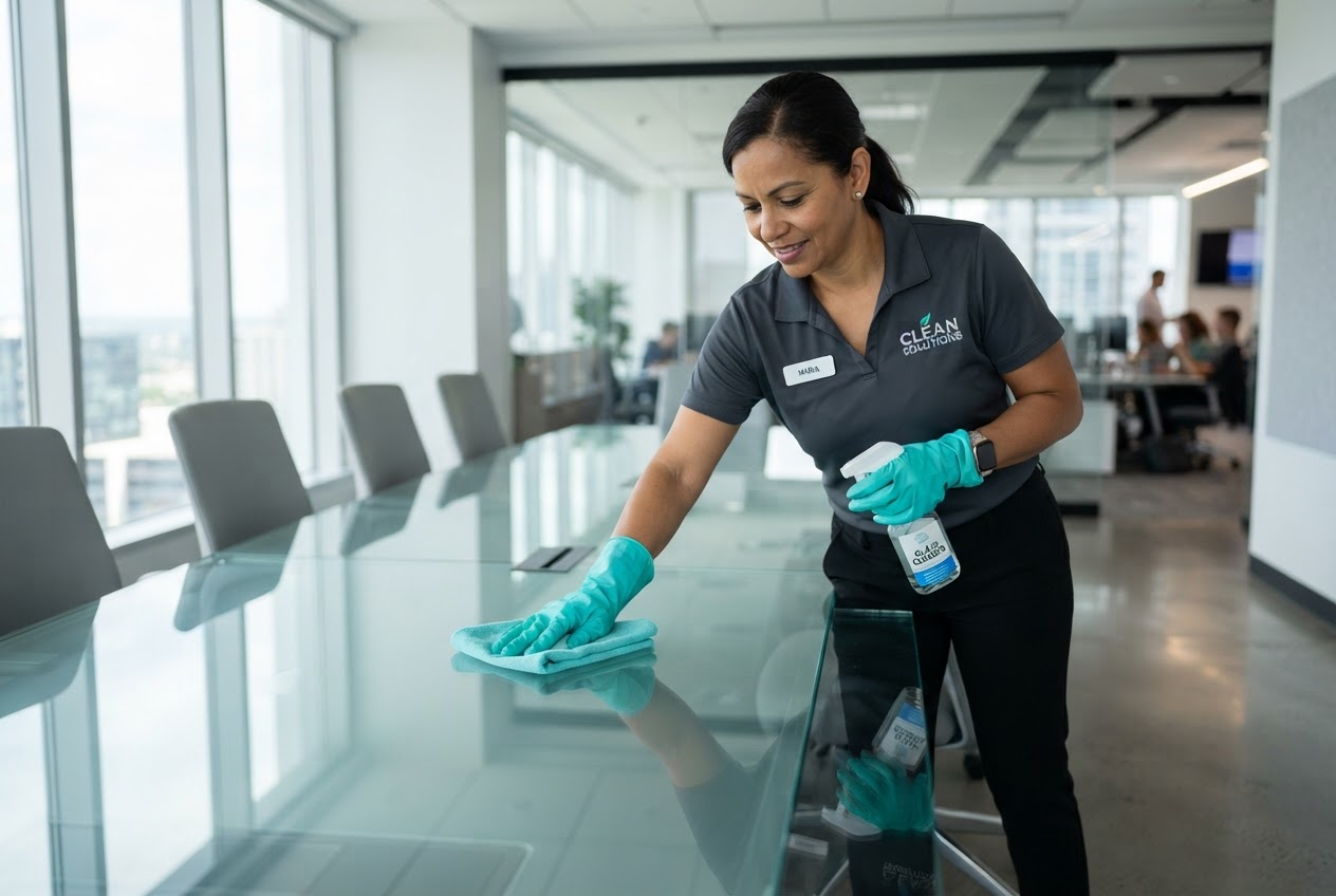 Clean Service team member sanitizing a conference room table in a spotless office