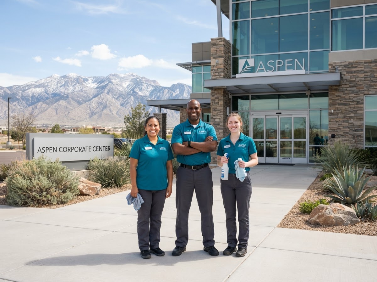 Clean Service commercial cleaning crew in front of a Central Oregon office building