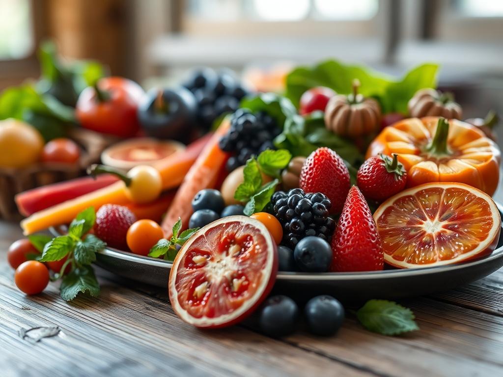 Close-up shot of a healthy detox meal, featuring vibrant fruits and vegetables artfully arranged on a rustic wooden table. The background should be softly blurred, emphasizing the freshness and colors of the food, with natural light illuminating the scene.