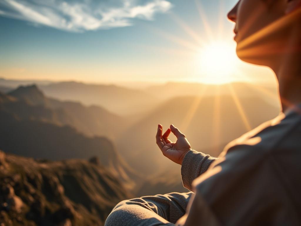 Close-up of a person meditating on a cliff during sunrise, with the sun rays illuminating their serene expression. The background features a breathtaking view of mountains and valleys, conveying a sense of peace and tranquility.