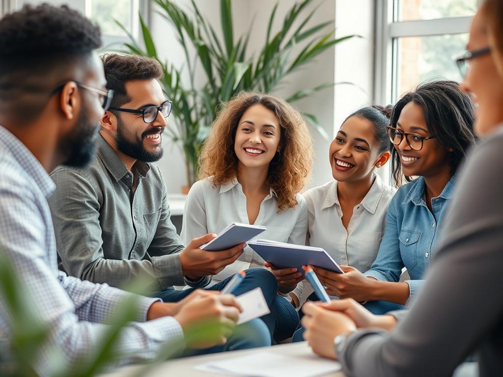 Close-up shot of a diverse group of people engaged in a lively workshop discussion, with notebooks and pens in hand. The setting is bright and inviting, with plants in the background, reflecting a collaborative and supportive atmosphere.