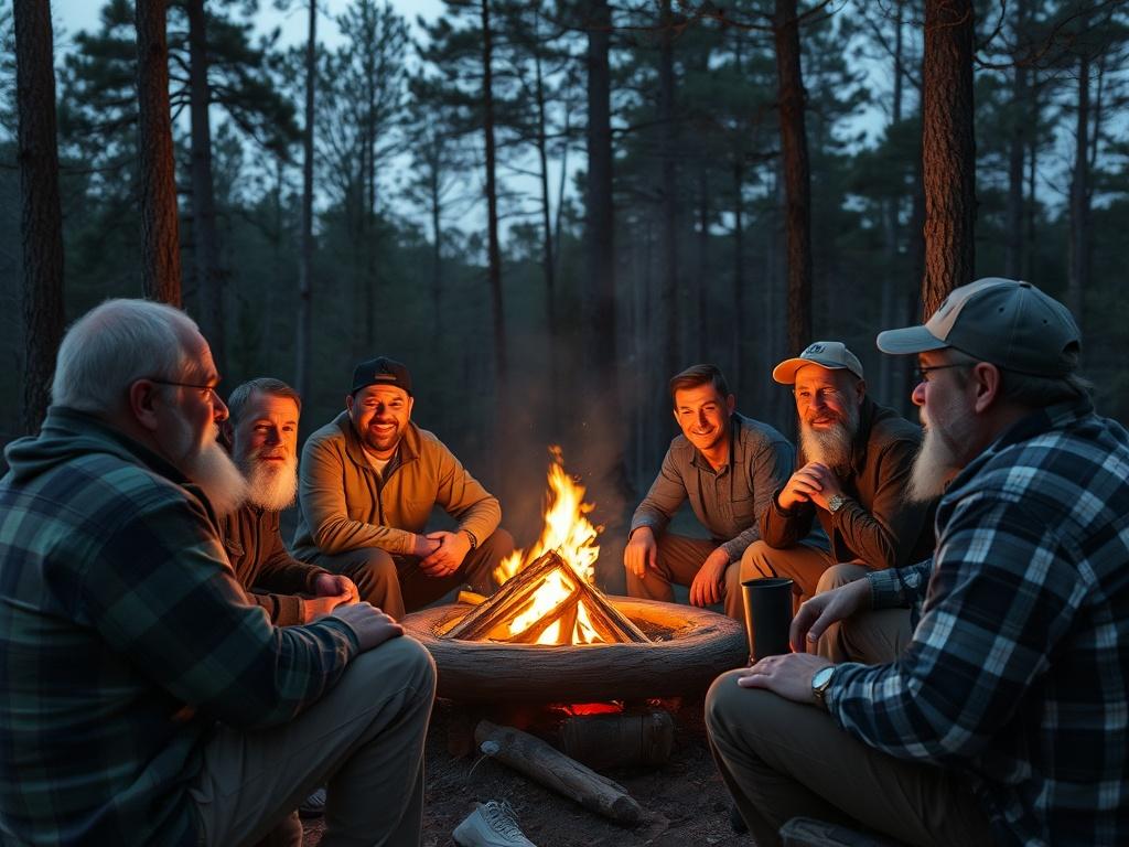 A group of men sitting around a campfire in the Ouachita Mountains at dusk, sharing stories and laughter. The warm light of the fire highlights their faces, showing expressions of camaraderie and engagement. Tall trees surround them, creating an intimate atmosphere that enhances the sense of brotherhood and shared experience.