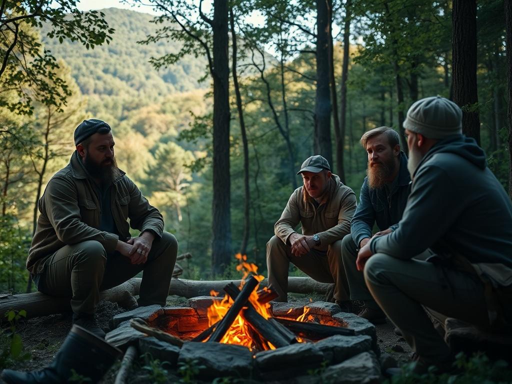 A serene view of the Ouachita Mountains with a group of men in the foreground, engaging in a contemplative moment around a crackling fire. The forest is lush and green, with sunlight filtering through the trees, creating a peaceful atmosphere. The men embody a sense of camaraderie and focus, dressed in earthy tones, emphasizing the connection to nature and the experience of immersion.