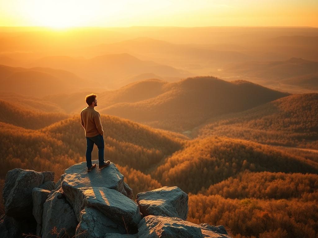 A breathtaking view of the Ouachita Mountains during sunrise, with a solitary man standing on a rocky outcrop, overlooking the expansive landscape. The early morning light bathes the scene in golden hues, symbolizing awakening and transformation. The man embodies strength and serenity, representing the initiation through the wilderness.