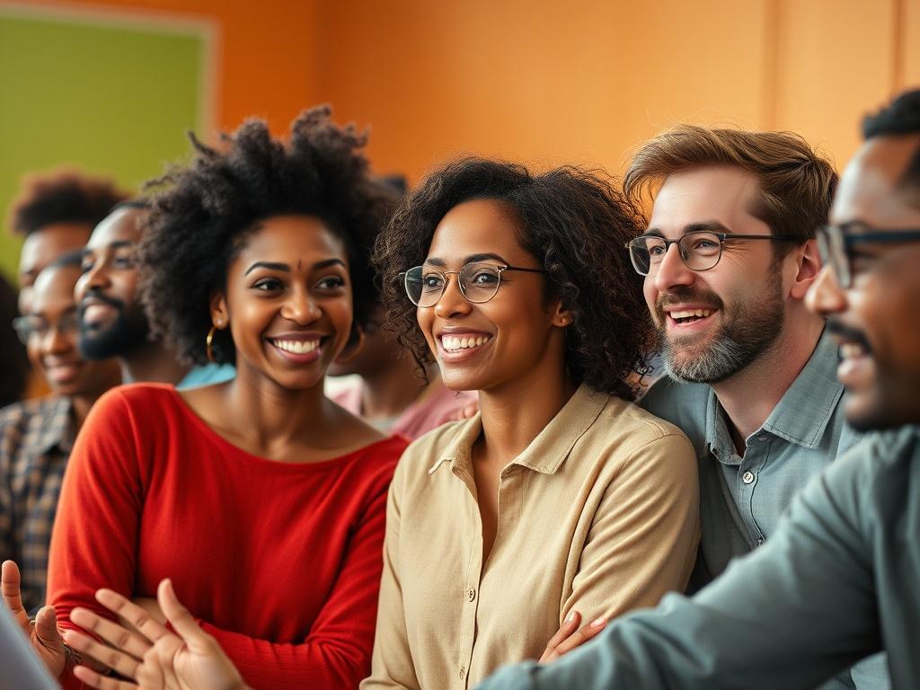 A hyper-realistic close-up of a diverse group of individuals in a dynamic workshop setting, actively engaging and sharing ideas. The atmosphere is lively and inspiring, with bright colors and a warm background that conveys energy and enthusiasm. The focus is on the expressions of determination and collaboration among participants, emphasizing personal growth and connection.