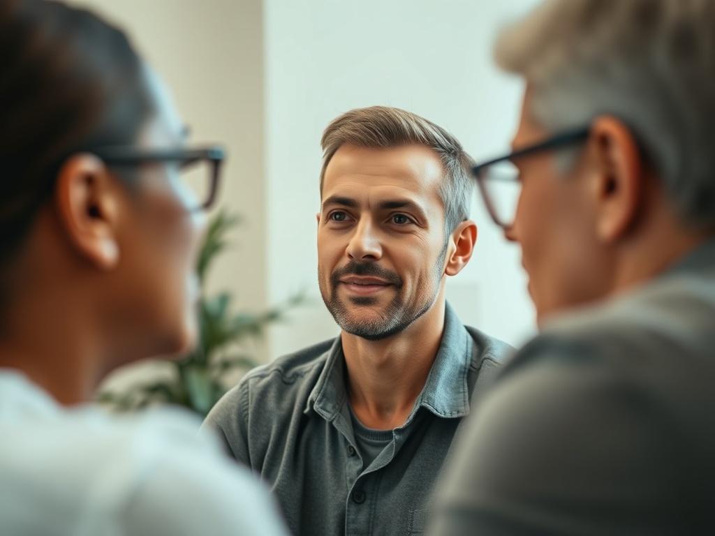 A close-up shot of a confident individual in a coaching session, actively discussing goals with a mentor. The setting is calm and welcoming, with soft lighting that creates an intimate atmosphere. The subject's expression conveys determination and hope, symbolizing the journey of transformation and personal growth.