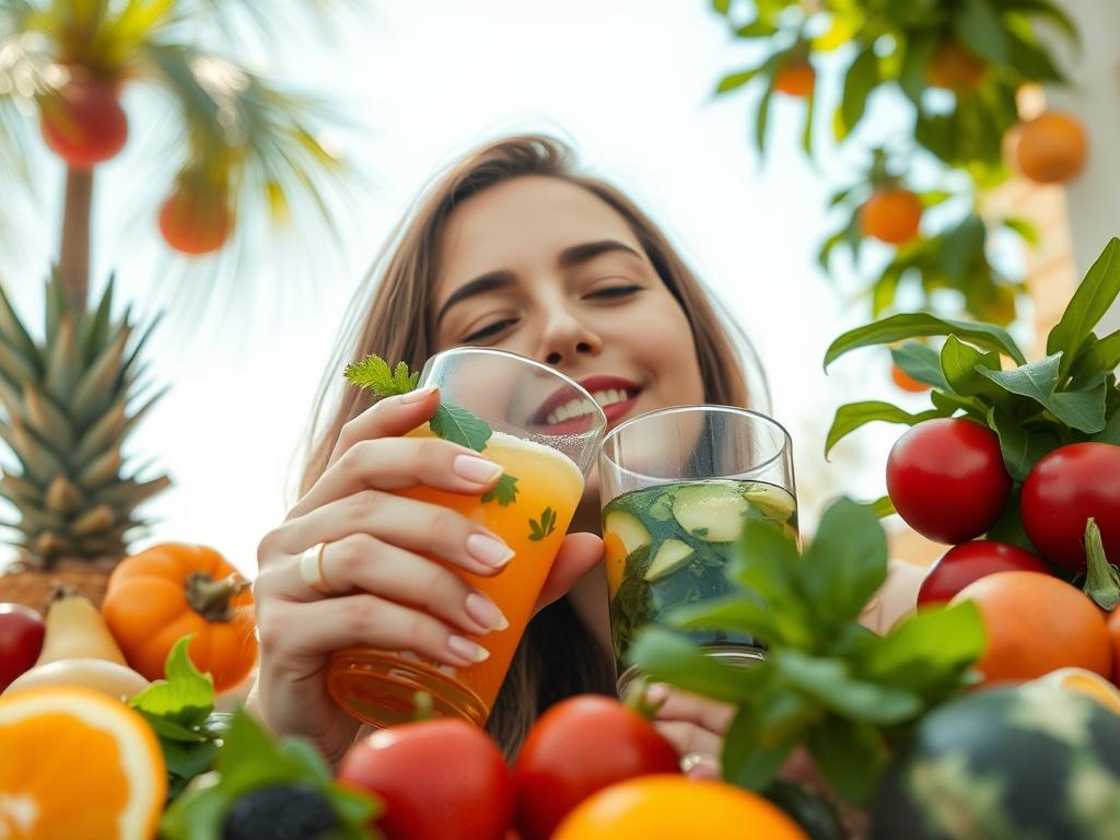 A close-up shot of a serene and vibrant individual enjoying a detox drink, surrounded by fresh fruits and vegetables, with a sunny outdoor background. The subject appears relaxed and content, embodying health and vitality. The image captures the essence of renewal and wellness, showcasing bright colors and natural elements, rendered in hyper-realistic detail.