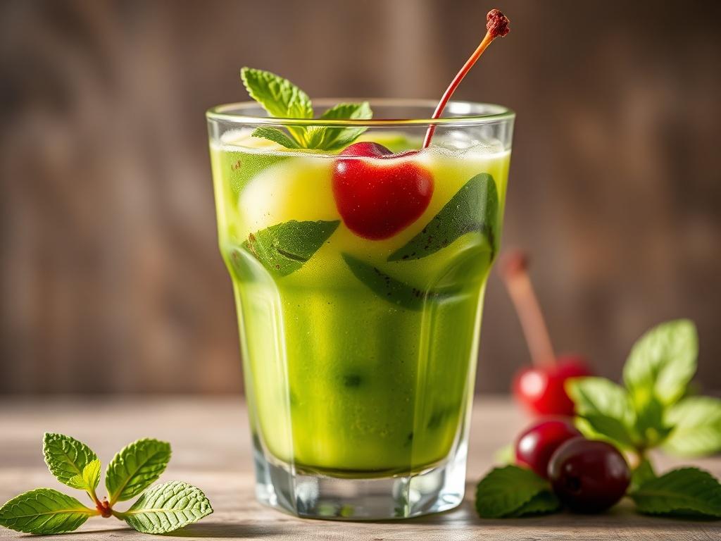 A hyper-realistic close-up of a vibrant green drink in a clear glass, showcasing a rich texture with hints of leafy greens and a splash of tart cherry juice. The drink is garnished with a cherry and a mint leaf, set against a simple, natural background that emphasizes freshness. The lighting highlights the vivid colors and details of the drink, creating an inviting and energizing atmosphere.
