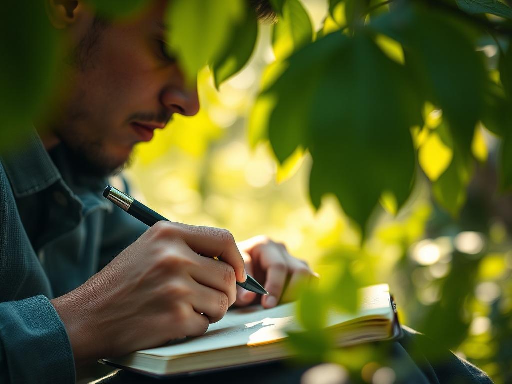 A close-up shot of a person journaling with a pen, deep in thought, surrounded by nature. The scene conveys tranquility and reflection, emphasizing the importance of mindset in personal growth. Natural light filters through the leaves, creating a serene atmosphere, shot with a 45mm f/1.2 lens.